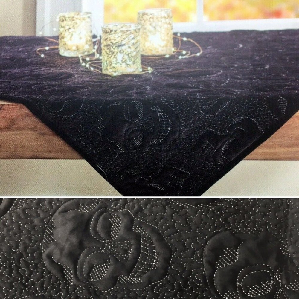 Bella Lux Halloween Skull Black Velvet Tablecloth Quilted Skeleton Square 50”